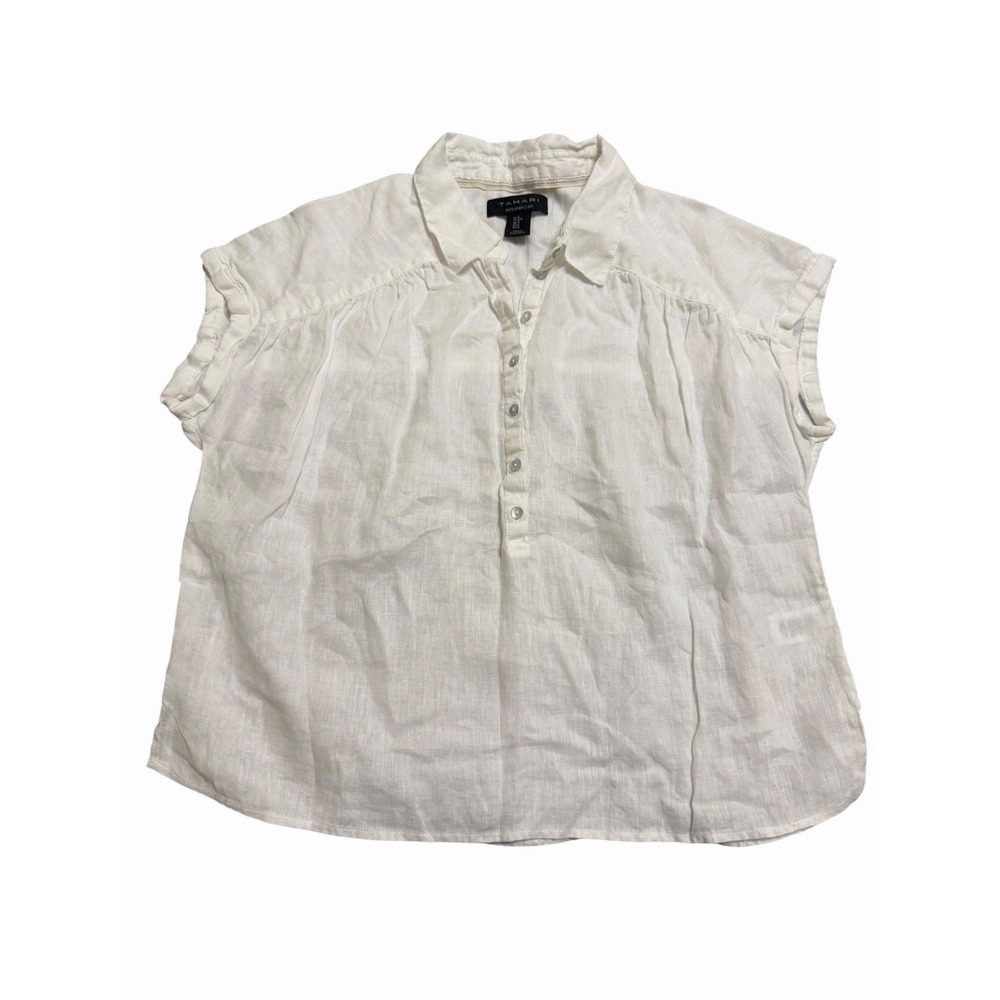 TAHARI Sleeveless Button Down Shirt Tunic Top Medium White 100% Linen #XX-1